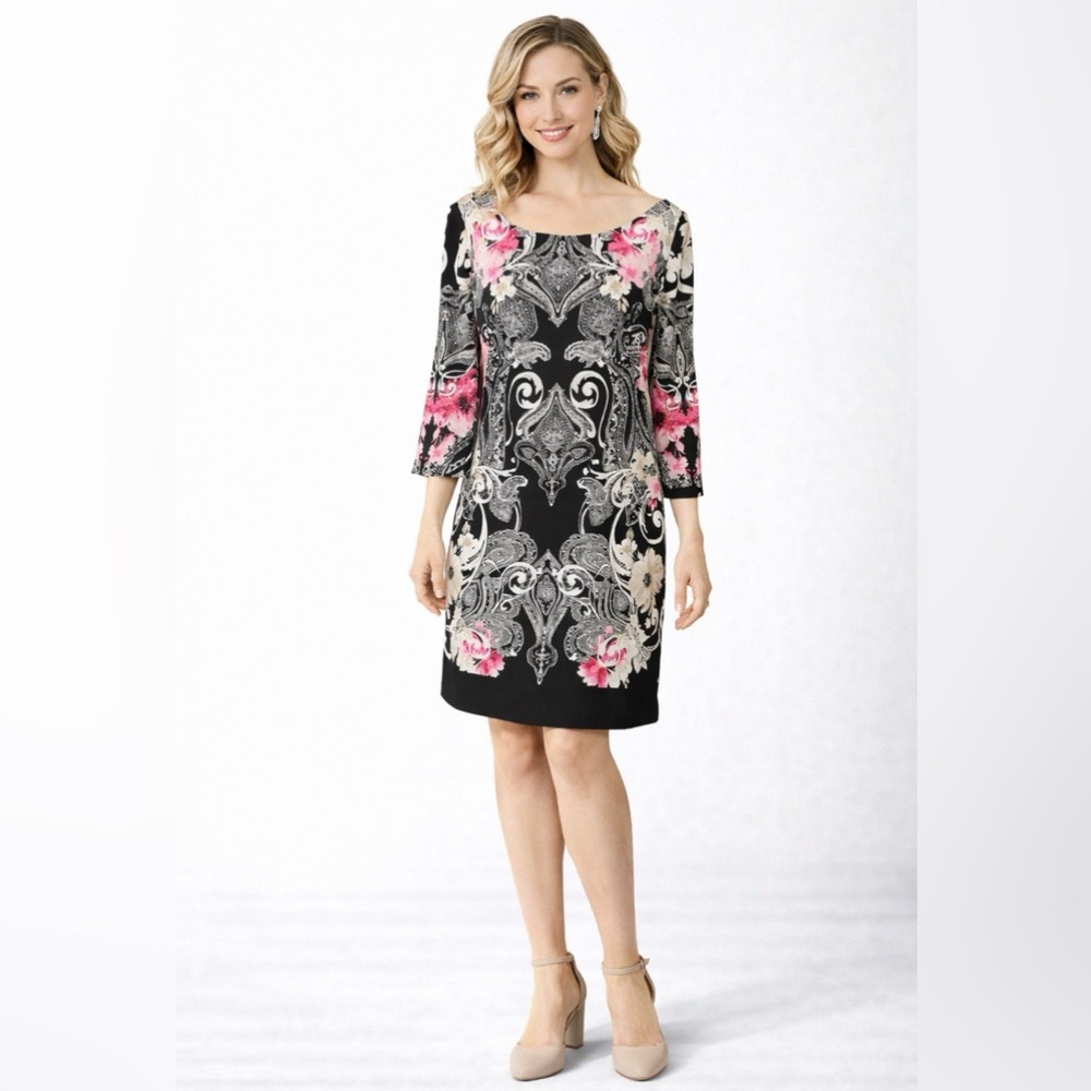 WHBM Dress Pink Floral  S Small  3/4 Sleeve Stretch Shift Washable